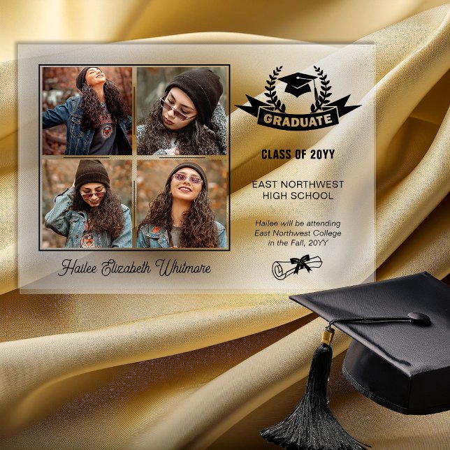 Elegant Four Photo Black | Clear Graduation Acrylic Invitations (Elegant Four Photo Black Text on Clear Graduation Acrylic Announcement)