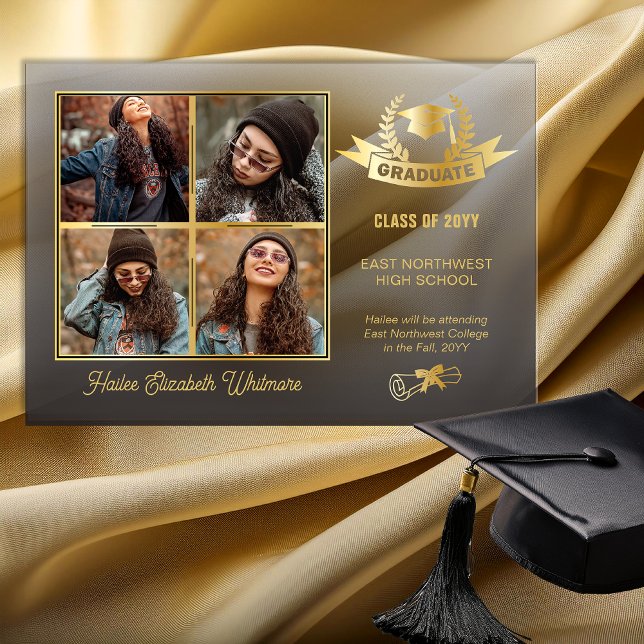 Elegant Four Photo Black Fade | Gold Graduation Acrylic Invitations (Elegant Four Photo Black Fade Gold Tone Graduation Acrylic Announcement)