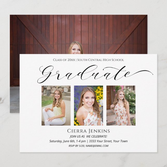 Elegant Four Photo Graduation Landscape Invitation (Front/Back)