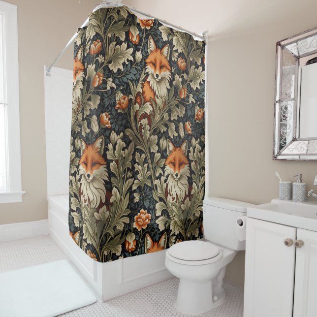 Elegant Foxes William Morris Inspired Pattern Shower Curtain (In Situ)