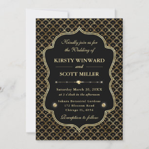Elegant Frame Art Deco Scallop Gold Wedding Invitation
