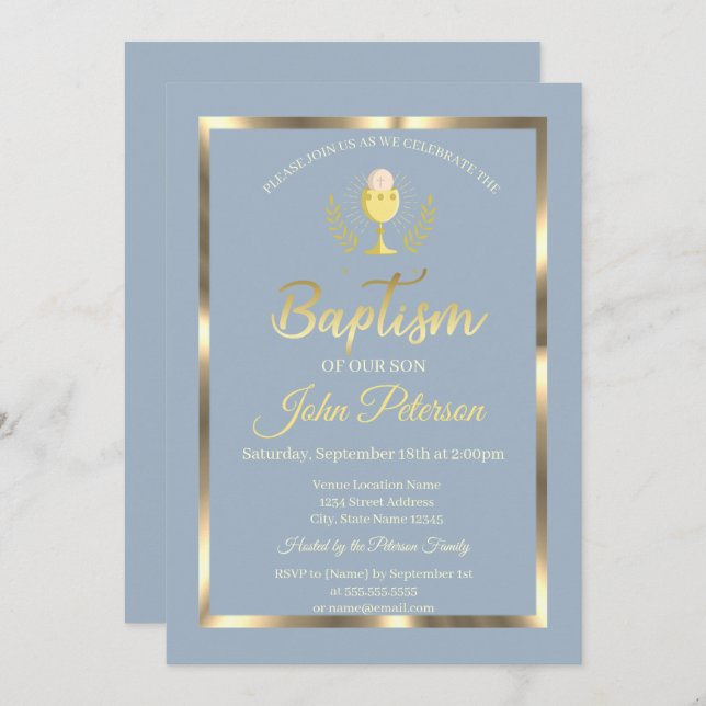 Elegant Frame Baptism Dusty Blue Invitation (Front/Back)