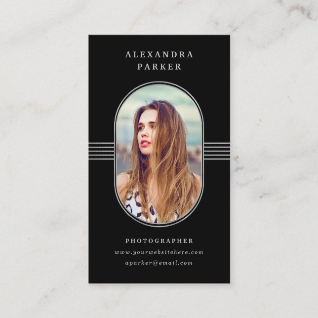 Elegant Frame | Black and Silver Photo Business Card (Front)