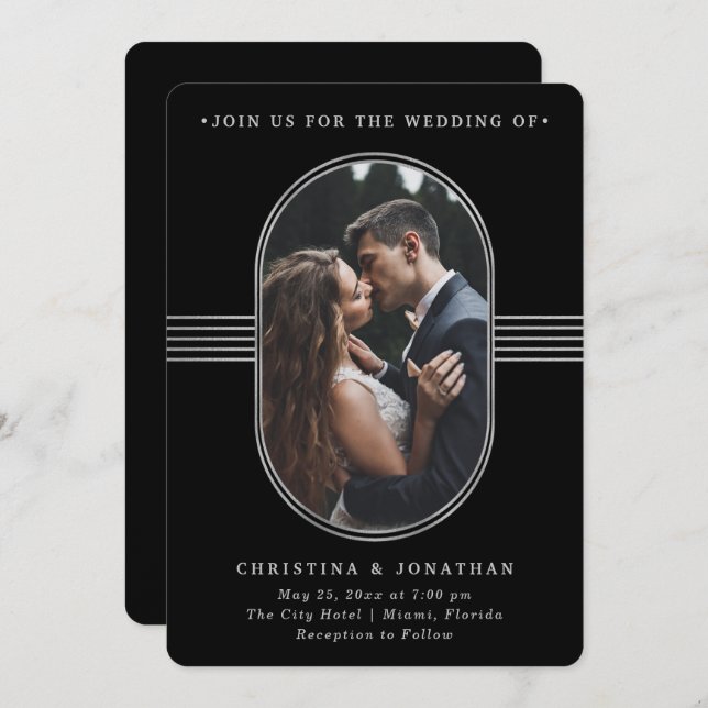 Elegant Frame | Black and Silver Photo Wedding Invitation (Front/Back)