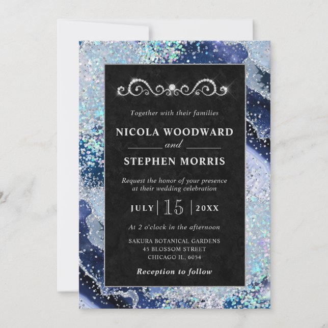 Elegant Frame Blue and Silver Agate Wedding Invitation (Front)