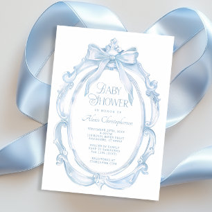 Elegant Frame + Blue Bow Baby Shower Invitation