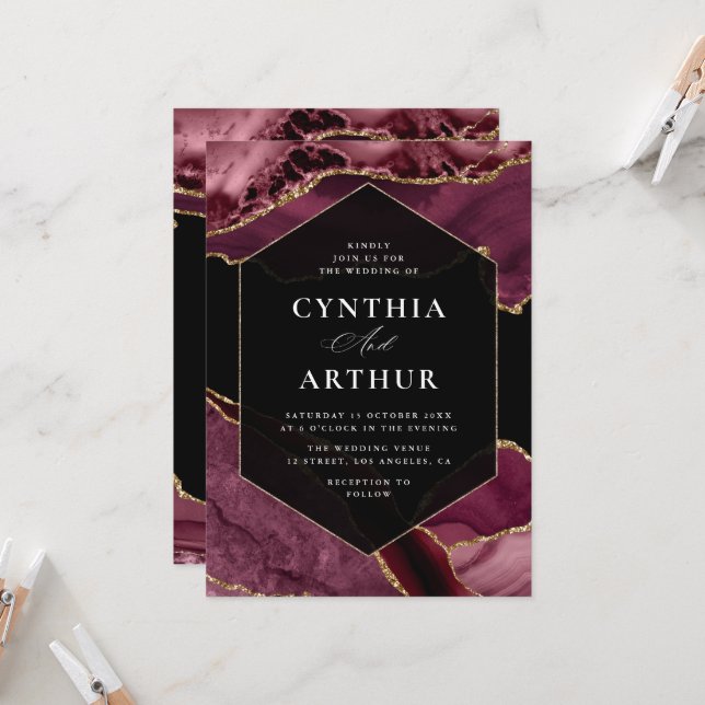 elegant frame burgundy and gold agate wedding invitation (Front/Back In Situ)