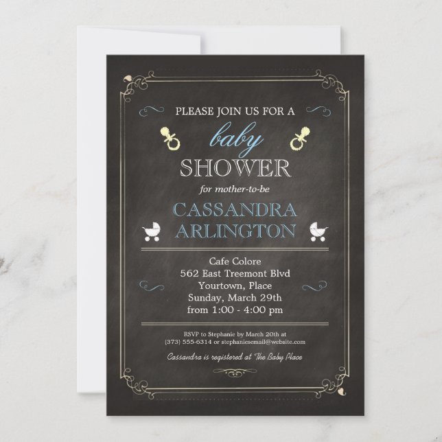 Elegant Frame Chalkboard Blue Baby Shower Invitation (Front)
