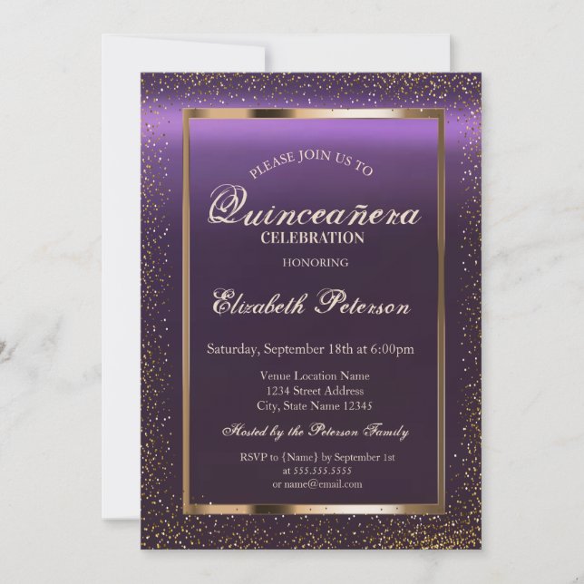 Elegant Frame Confetti Purple Quinceañera Invitation (Front)