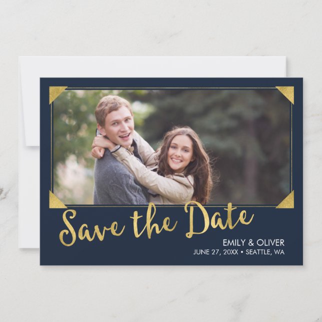 Elegant Frame Faux Gold Blue Photo Save the Date (Front)