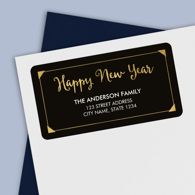 Elegant Frame Faux Gold Happy New Year Address Label (Creator Uploaded)