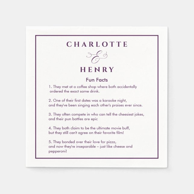 Elegant Frame Fun Facts Purple & White Wedding Napkin (Front)