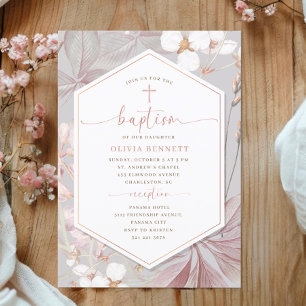 Elegant Frame Girl Baptism Flowery Watercolor Invitation