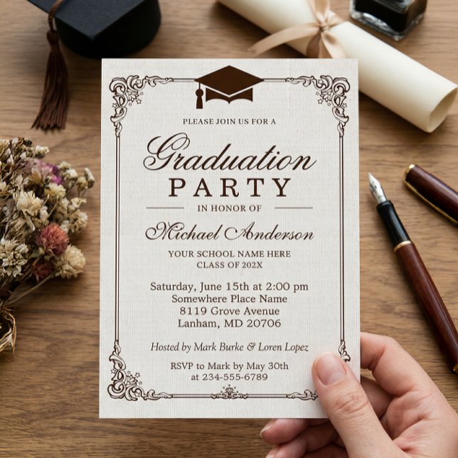 Elegant Frame Ivory Linen Graduation Party Invitation (Creator Uploaded)