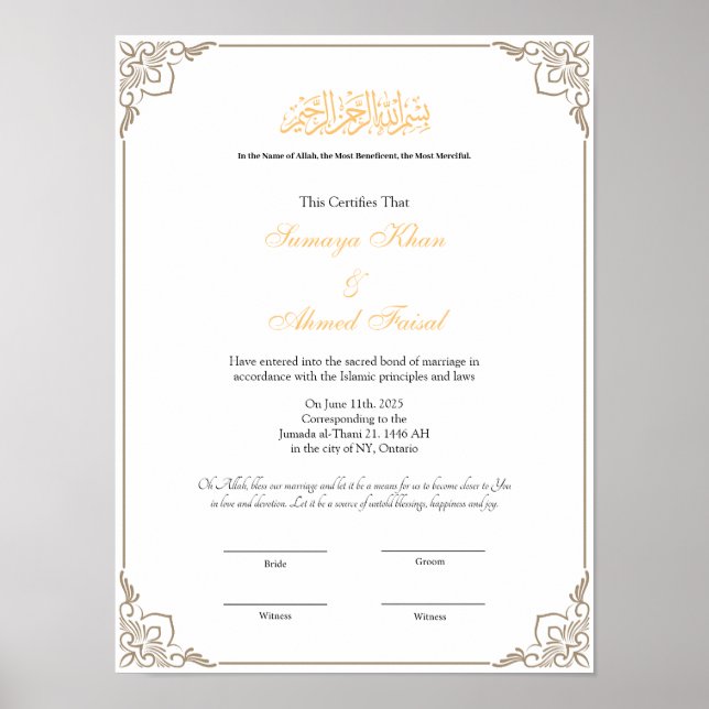 Elegant frame Muslim nikkah certificate poster (Front)