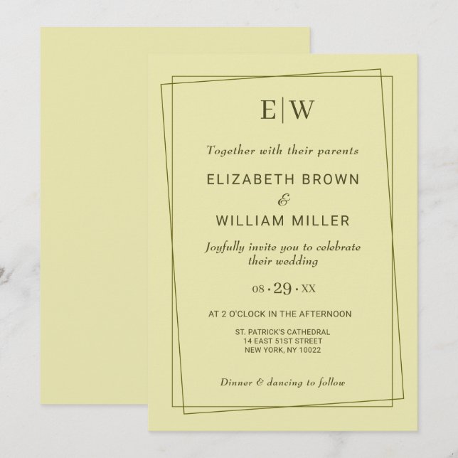 Elegant Frame on Celestial Yellow Monogram Wedding Invitation (Front/Back)