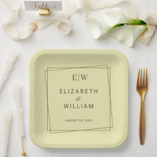 Elegant Frame on Celestial Yellow Monogram Wedding Paper Plate