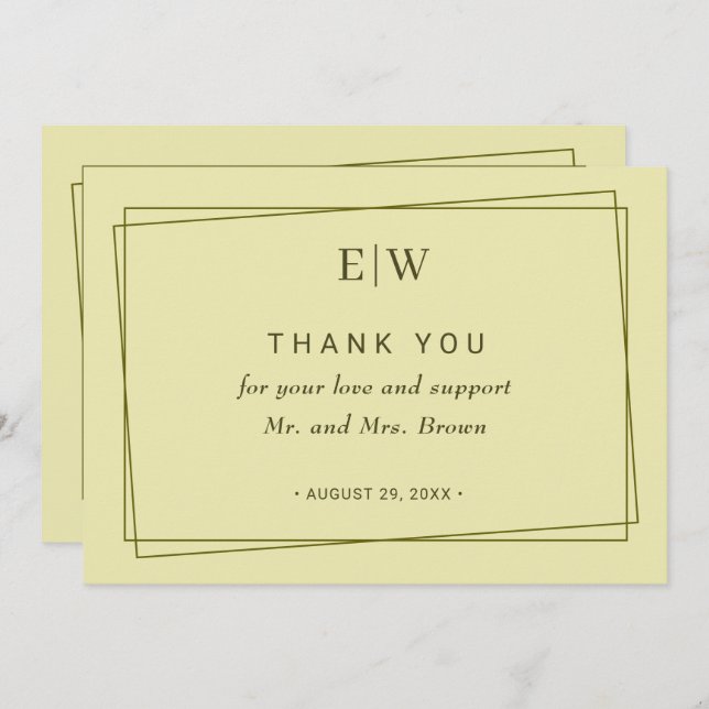 Elegant Frame on Celestial Yellow Monogram Wedding Thank You Card (Front/Back)