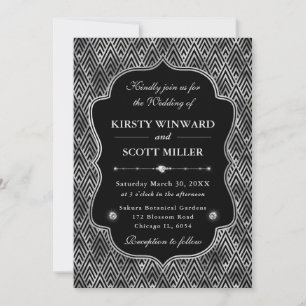 Elegant Frame Silver Chevron Art Deco Wedding Invitation