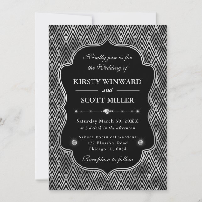 Elegant Frame Silver Chevron Art Deco Wedding Invitation (Front)