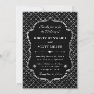 Elegant Frame Silver Scallop Art Deco Wedding Invitation