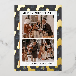 Elegant Frame Snow Christmas Family 3 Photo Foil Holiday Card