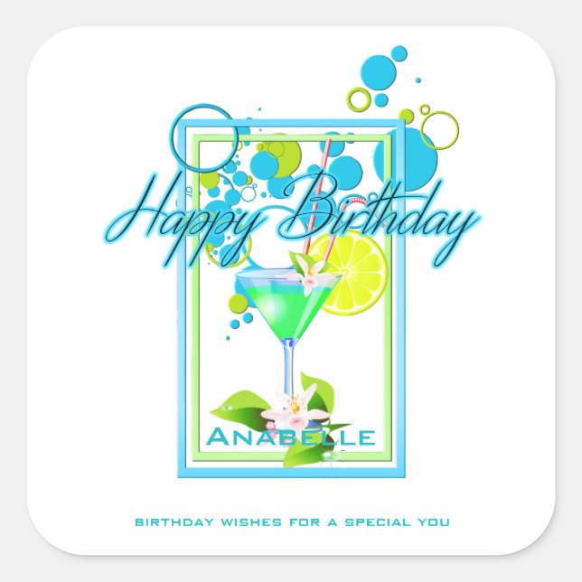 Elegant Frame Vivid Colours Birthday Cocktail Square Sticker (Front)