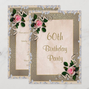 Elegant Framed Pink Roses 60th Birthday Invitation