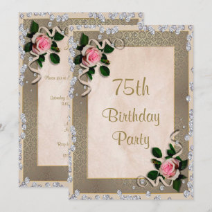 Elegant Framed Pink Roses 75th Birthday Invitation