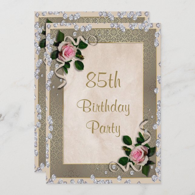 Elegant Framed Pink Roses 85th Birthday Invitation (Front/Back)