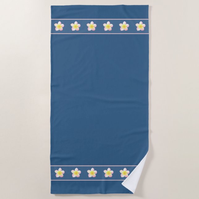 Elegant Frangipani Plumeria Flowers on Award Blue Beach Towel (Front)