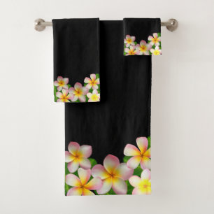 Elegant Frangipani Plumeria Flowers on Black Bath Towel Set