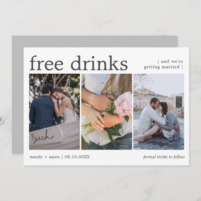 Elegant Free Drinks Three Photo Wedding Save The Date (Front/Back)