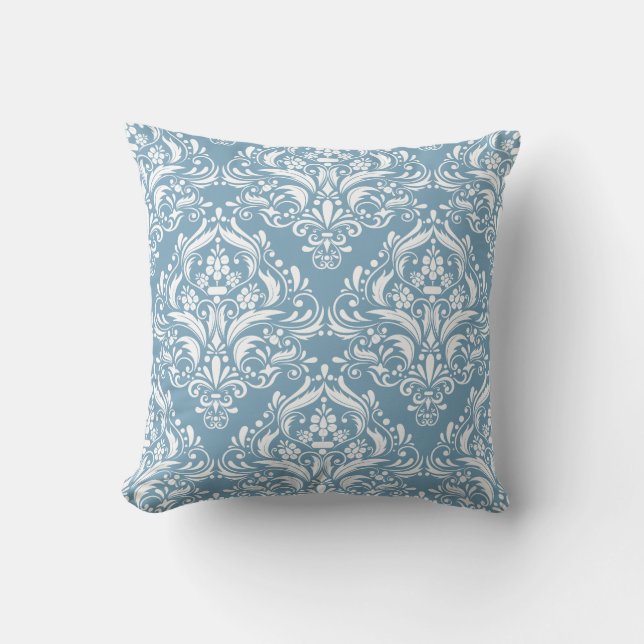 Elegant French Blue and White Damask Pattern Cushion (Front)