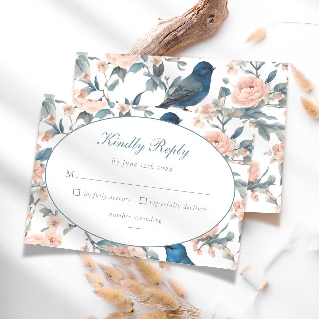 Elegant French Blue Bird Floral Chinoiserie Kindly RSVP Card (Creator Uploaded)