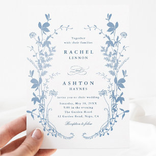 Elegant French Blue Botanical Wedding Invitation