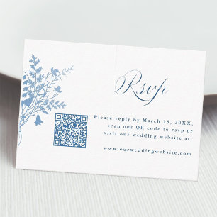 Elegant French Blue Botanical Wedding QR Code RSVP Enclosure Card