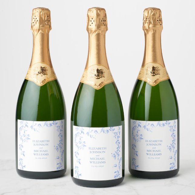 Elegant French Blue Floral Botanical Wedding Sparkling Wine Label (Bottles)