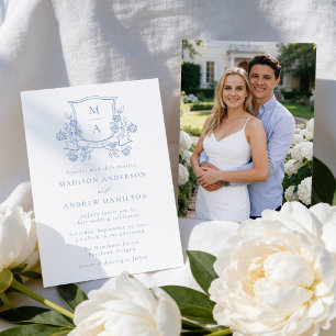 Elegant French Blue Floral Crest Photo Wedding Invitation