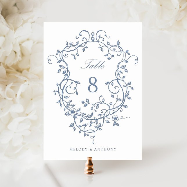 Elegant French Blue Floral Crest  Table Number (Creator Uploaded)