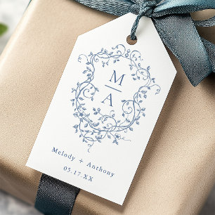 Elegant French Blue Floral Crest Wedding Gift Tags