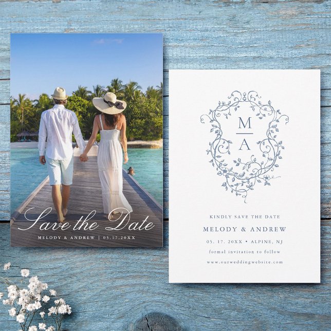 Elegant French Blue Floral Crest Wedding Photo Save The Date (Front & Back)