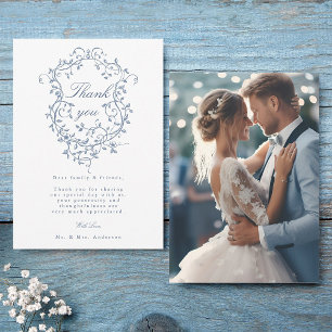 Elegant French Blue Floral Crest Wedding Photo Thank You Card