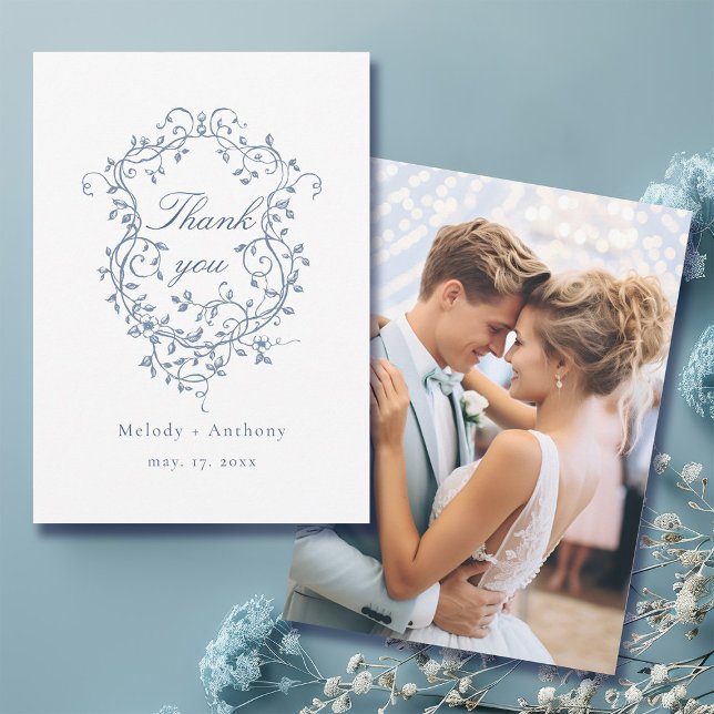 Elegant French Blue Floral Crest Wedding Photo Thank You Card (Front & Back)