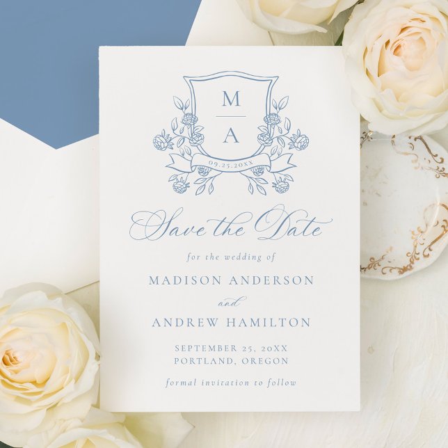 Elegant French Blue Floral Crest Wedding Save The Date (Creator Uploaded)