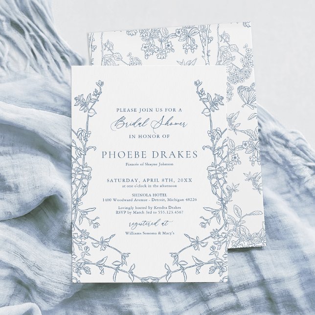 Elegant French Blue Floral Frame Bridal Shower Invitation (Creator Uploaded)