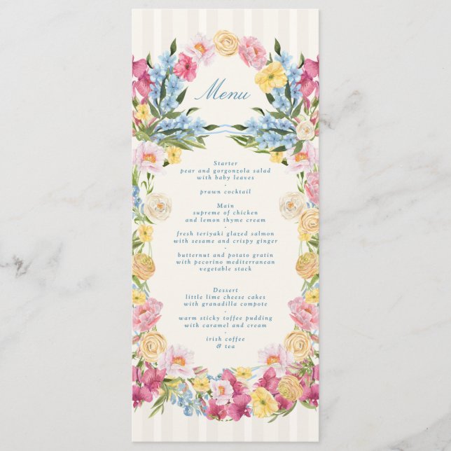 Elegant French Blue Floral Spring Wedding Menu (Front)
