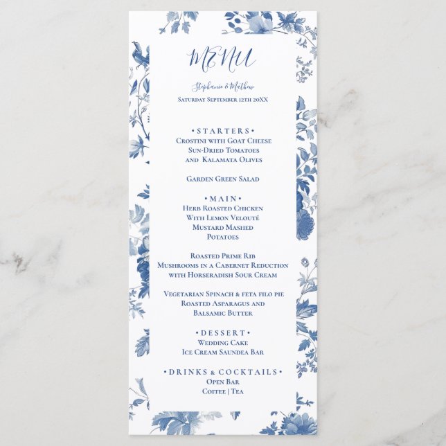 Elegant  French Blue Floral Toile Wedding Menu (Front)