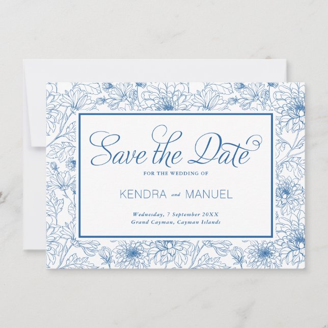 Elegant French Blue Floral Toile Wedding Save The Date (Front)