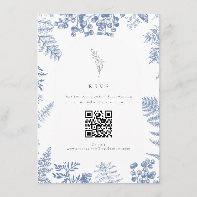 Elegant French Blue Floral Wedding QR Code  Enclosure Card (Front)